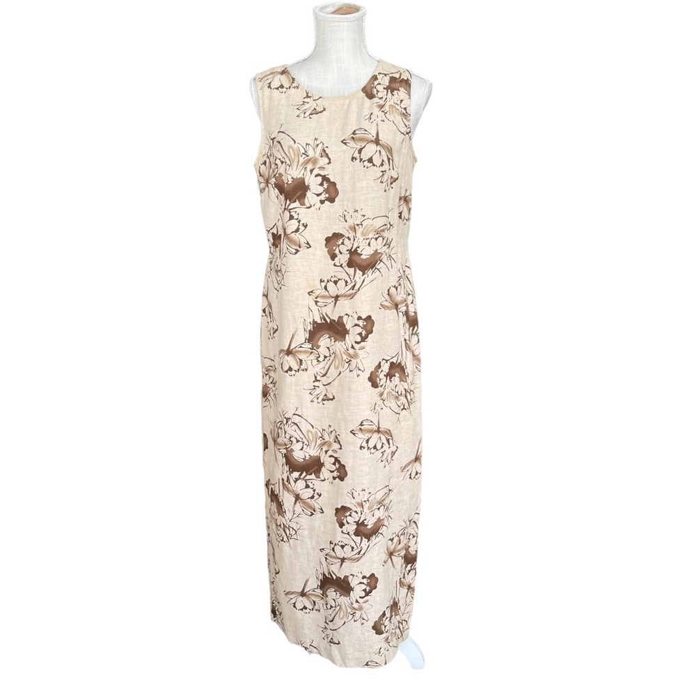 Norton McNaughton Linen Blende Boho Maxi Dress with Floral Print in Tan Size: S